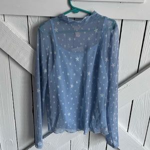 NWT Forever 21 Girls Size 9/10 Light Blue Sheer Star Long Sleeve Shirt